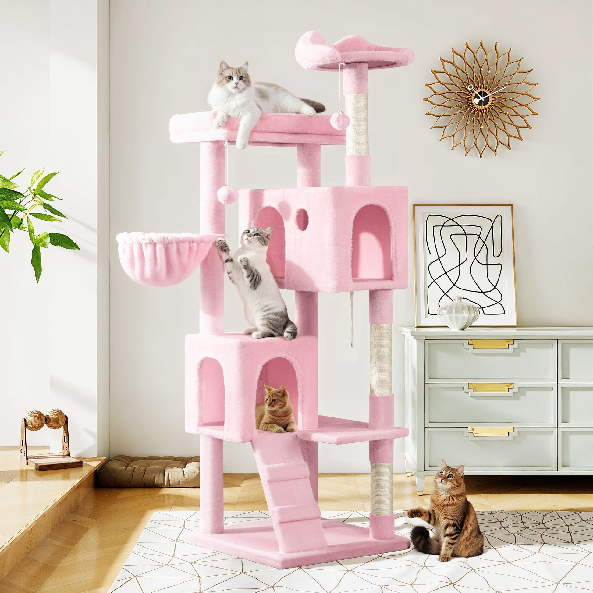64" Large Cat Tree and Tower with Stair, Condo House & Scratching Posts for Indoor Cats, Pink