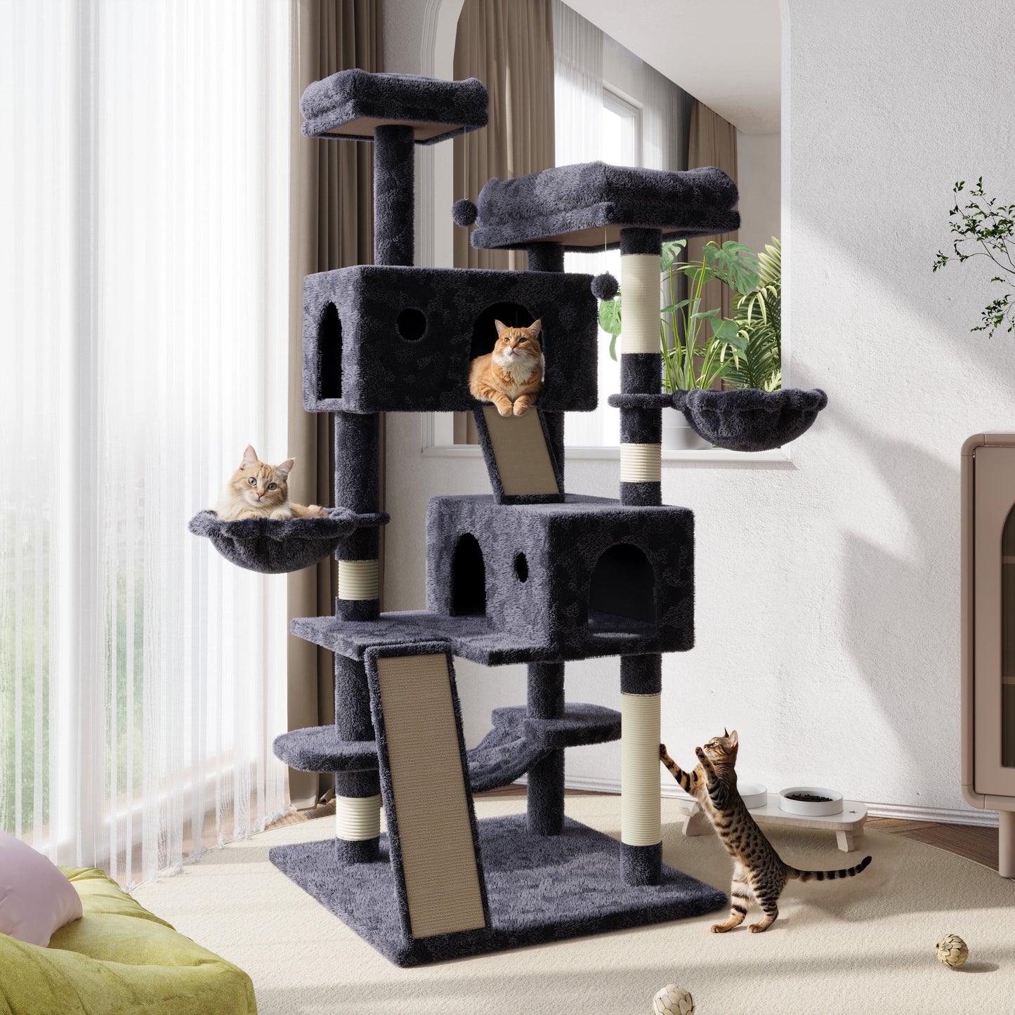 65.7" Large Cat Tree and Tower Condo for Cats with 2 Scratching Boards, Hammock & Post, Dark Blue