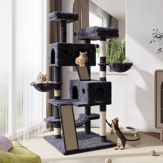 65.7" Large Cat Tree and Tower Condo for Cats with 2 Scratching Boards, Hammock & Post, Dark Blue