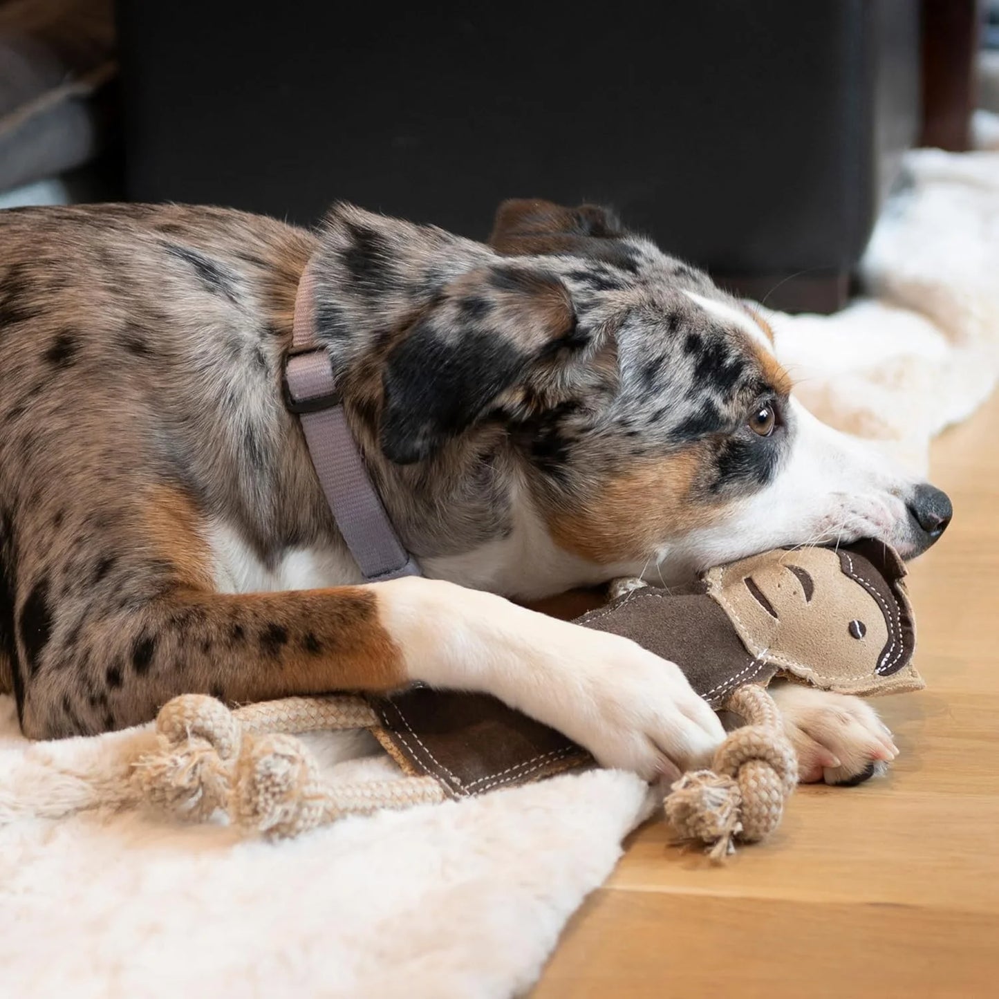 Leather Dog Toys – Dura-Fused Jungle Animals with Squeakers and Rope Limbs, No-Stuffing, for Light to Moderate Chewers, 14In, 1 Piece