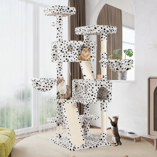 65.7" Large Cat Tree and Tower Condo for Indoor Cats with 2 Scratching Boards, Hammock & Post, White & Black Spot