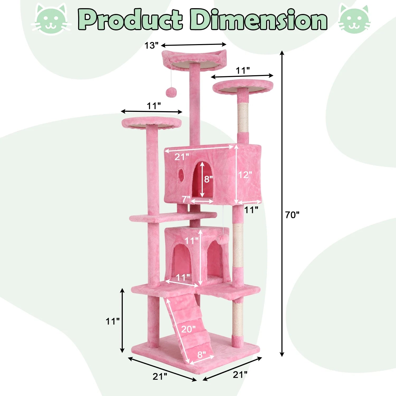 70" Cat Tree Cat Condo Cat Trees and Towers Multi-Level Activity Center Cat Playhouse with Sisal Scratching Posts & Perch for Kittens, Easy to Assemble, Pink
