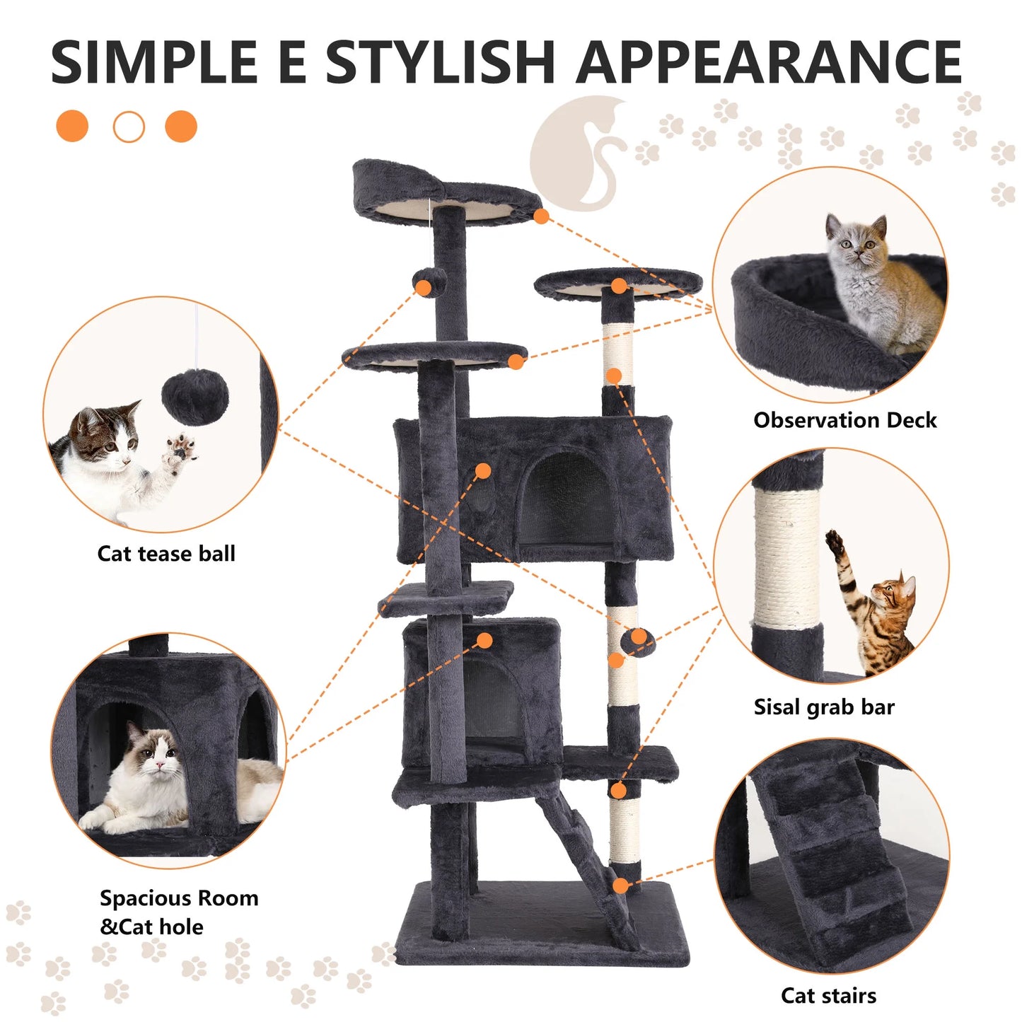 54 Inch Cat Trees and Towers for Indoor Cats, Cat Condo Scratching Post for Adult Cats, Multi-Level Cat Towers for Small Cats, Ashy