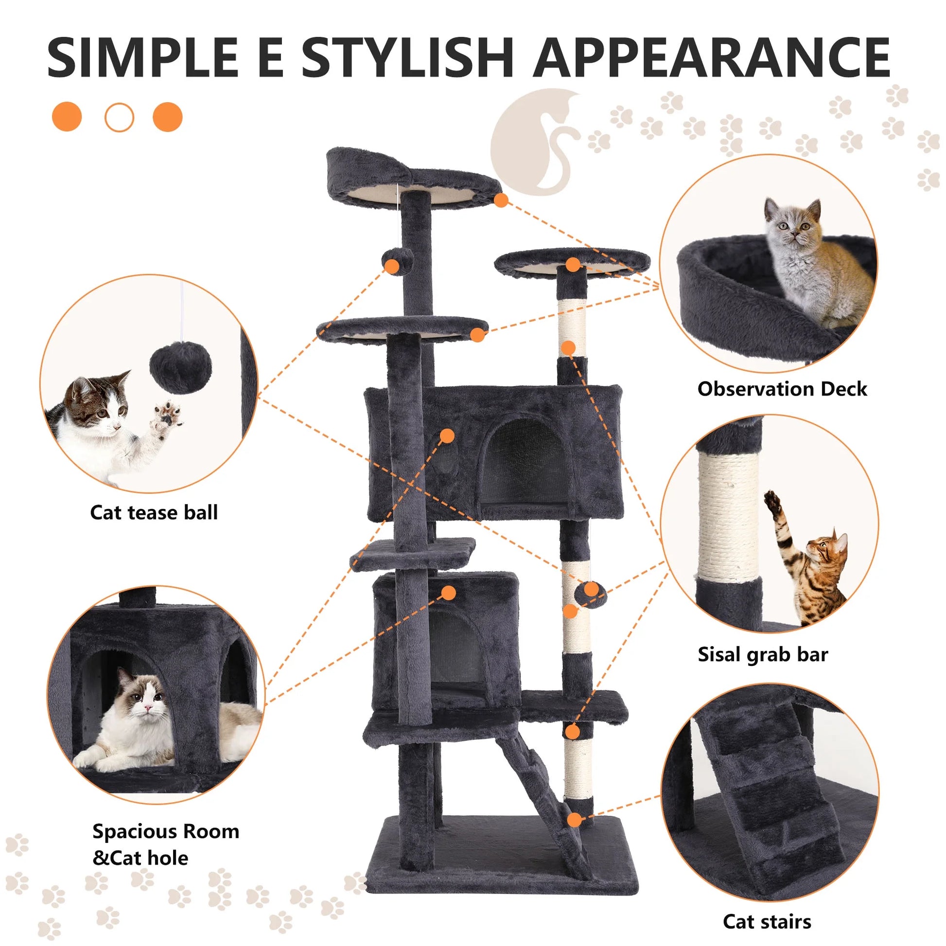 54 Inch Cat Trees and Towers for Indoor Cats, Cat Condo Scratching Post for Adult Cats, Multi-Level Cat Towers for Small Cats, Ashy