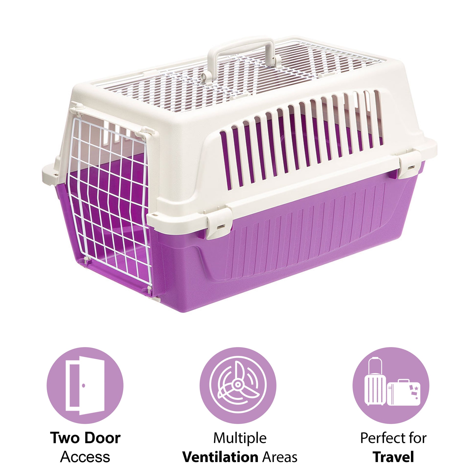 Ferplast ATLAS Two Door Top Load Plastic Kennel Carrier, for Small Cat or Dog, Purple 22 Inch