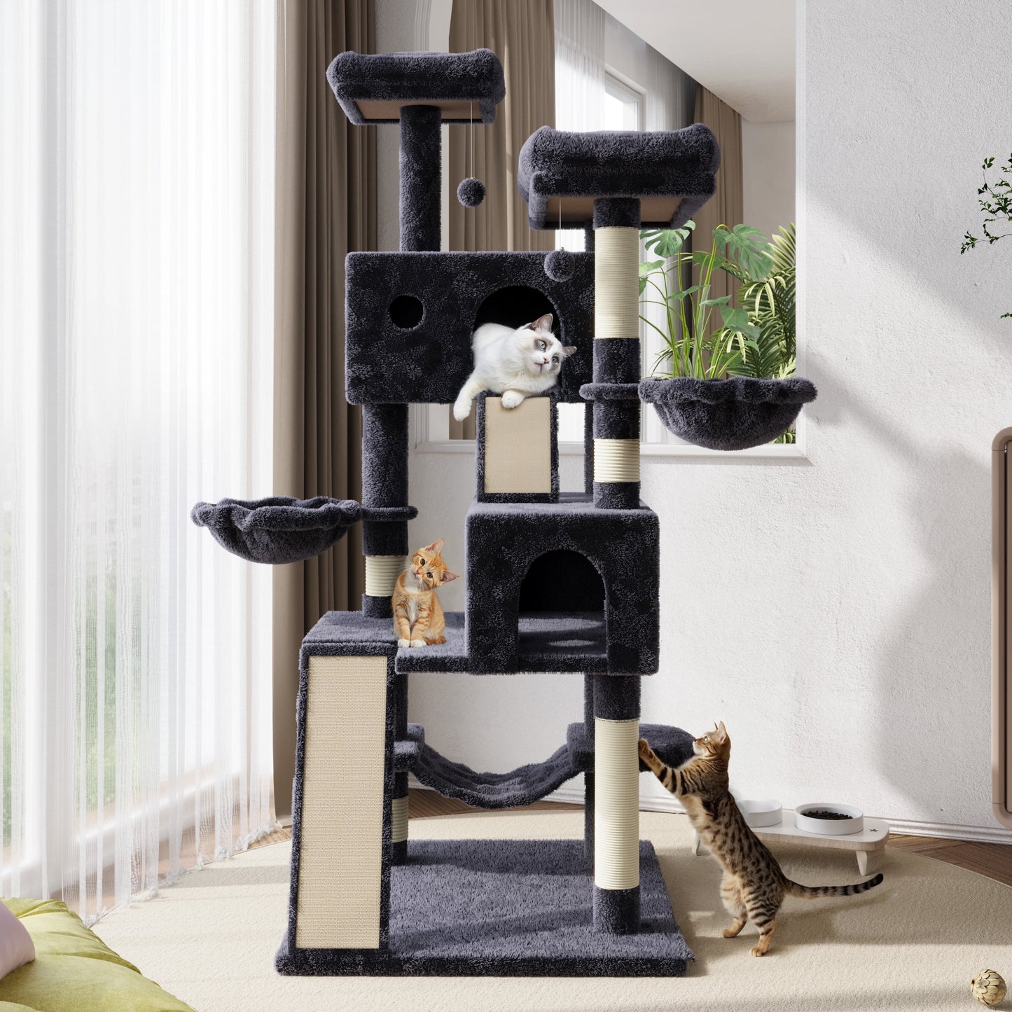 65.7" Large Cat Tree and Tower Condo for Cats with 2 Scratching Boards, Hammock & Post, Dark Blue