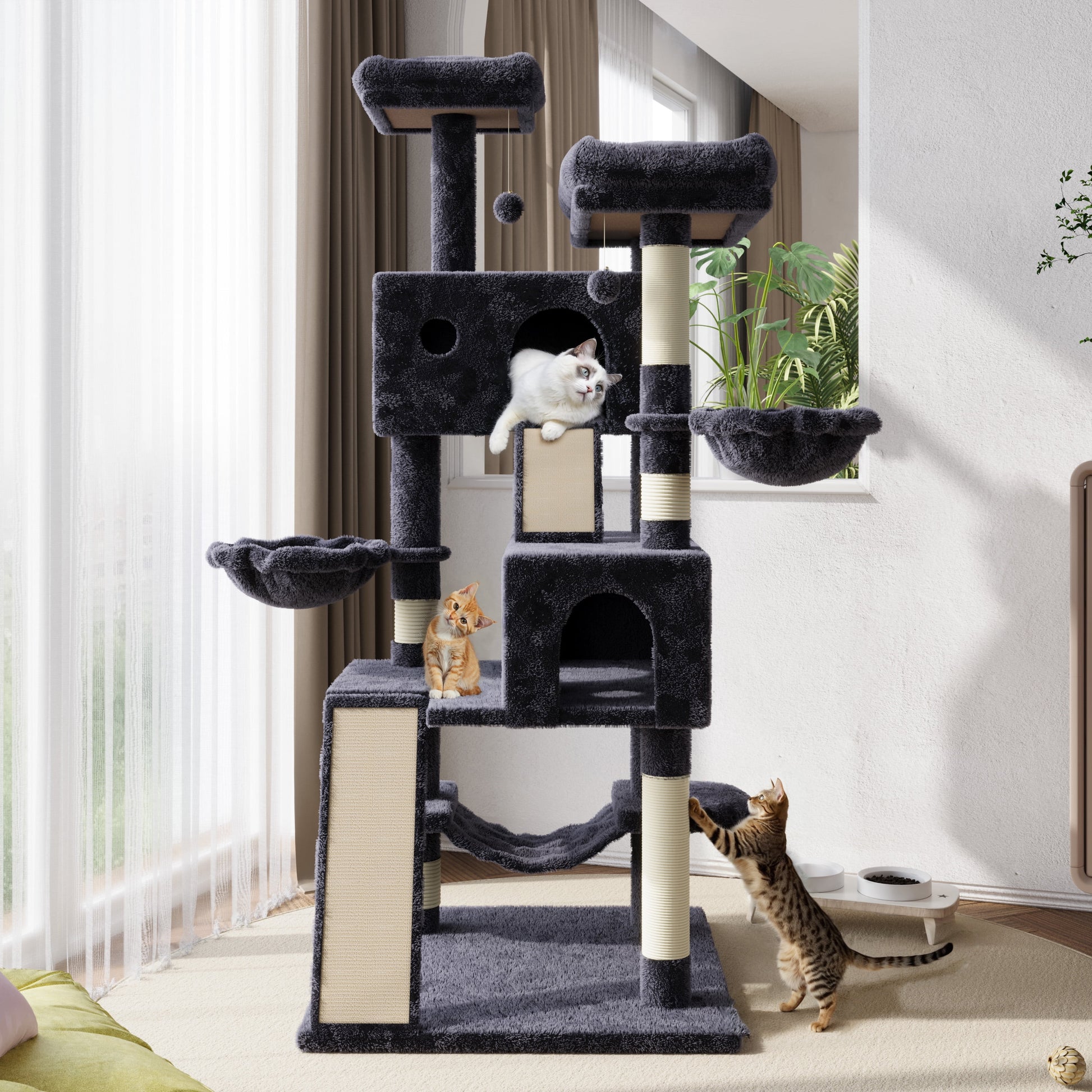 65.7" Large Cat Tree and Tower Condo for Cats with 2 Scratching Boards, Hammock & Post, Dark Blue