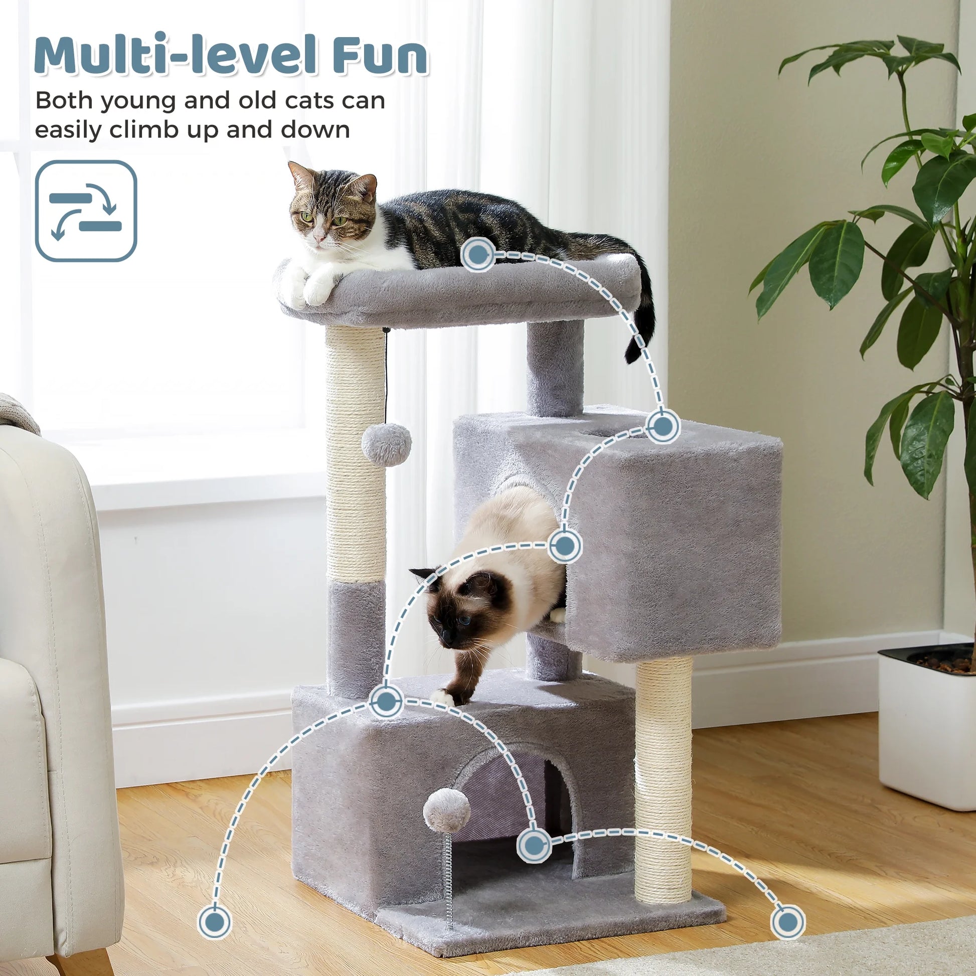 31.5" Modern Cat Tree Tower with Dual Large Condos for Kitten ＆ Medium Size Cat Gray