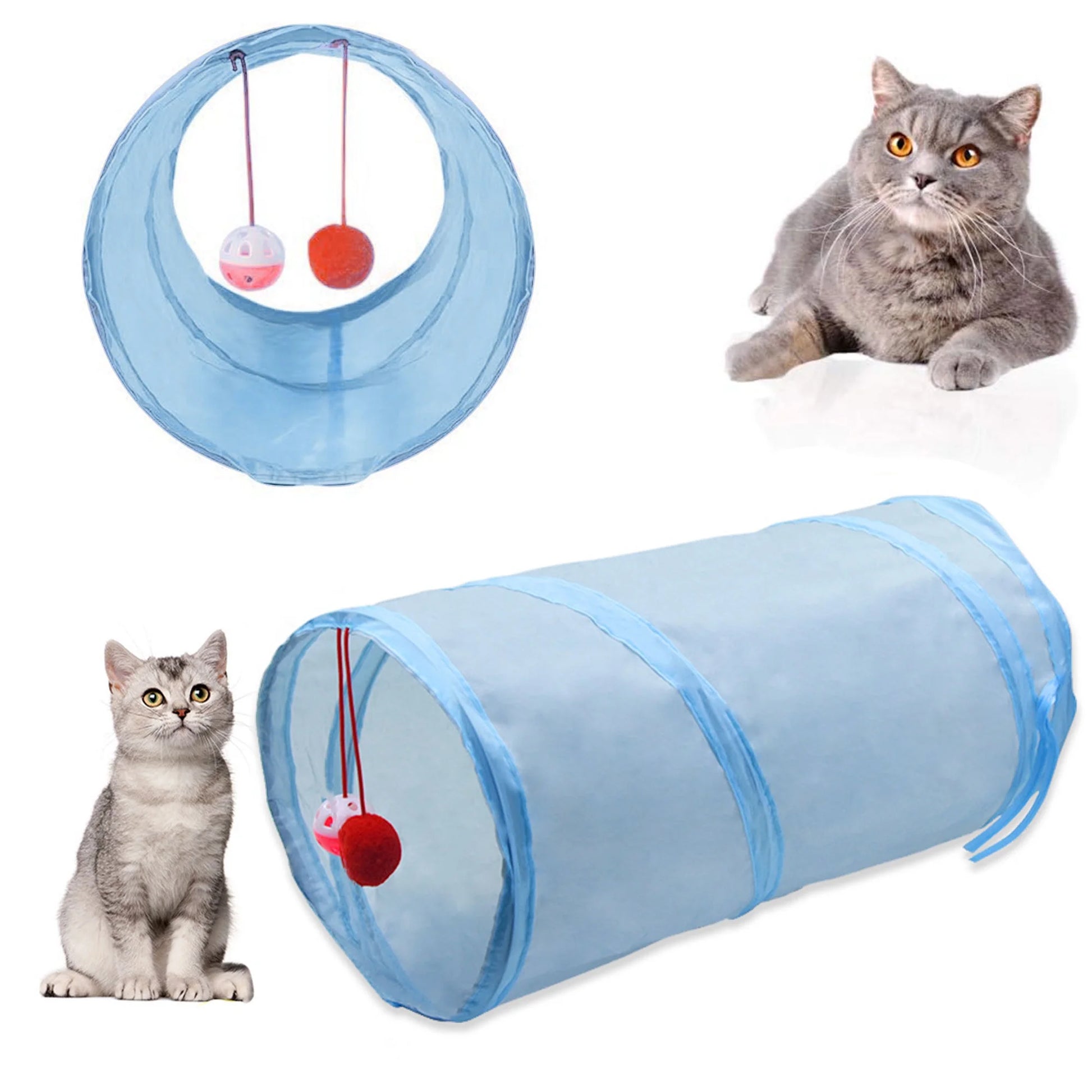 21PCS Cat Toy Set: Folding Tunnel, Feather Teaser & Crinkle Balls for Kittens/Puppies (Greyish Blue)