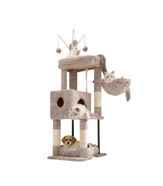 Cat Tree, 45.3-Inch Cat Tower for Indoor Cats with Large Perch, All-In-One Cat Furniture with Cozy Bed, Hidden Space Cat Condo, Comfy Hammock, Scratching Posts & 3 Pompoms, Muchroom