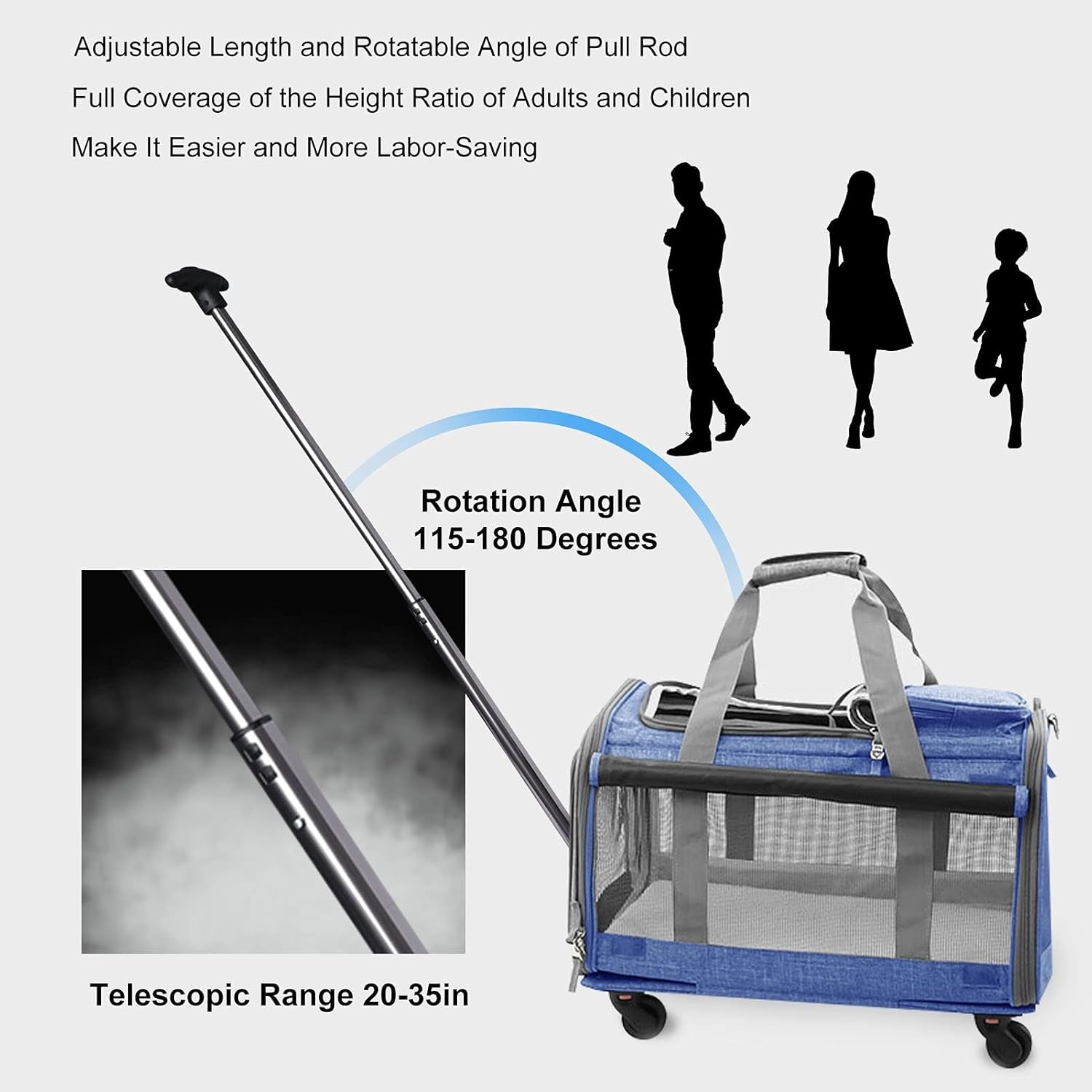 Cat Wheel Carrier, Dog Carrier with Durable Mesh Panels, Pet Carrier with Telescopic Walking Handle,Easy to Fold (Blue, without Storage Bag)