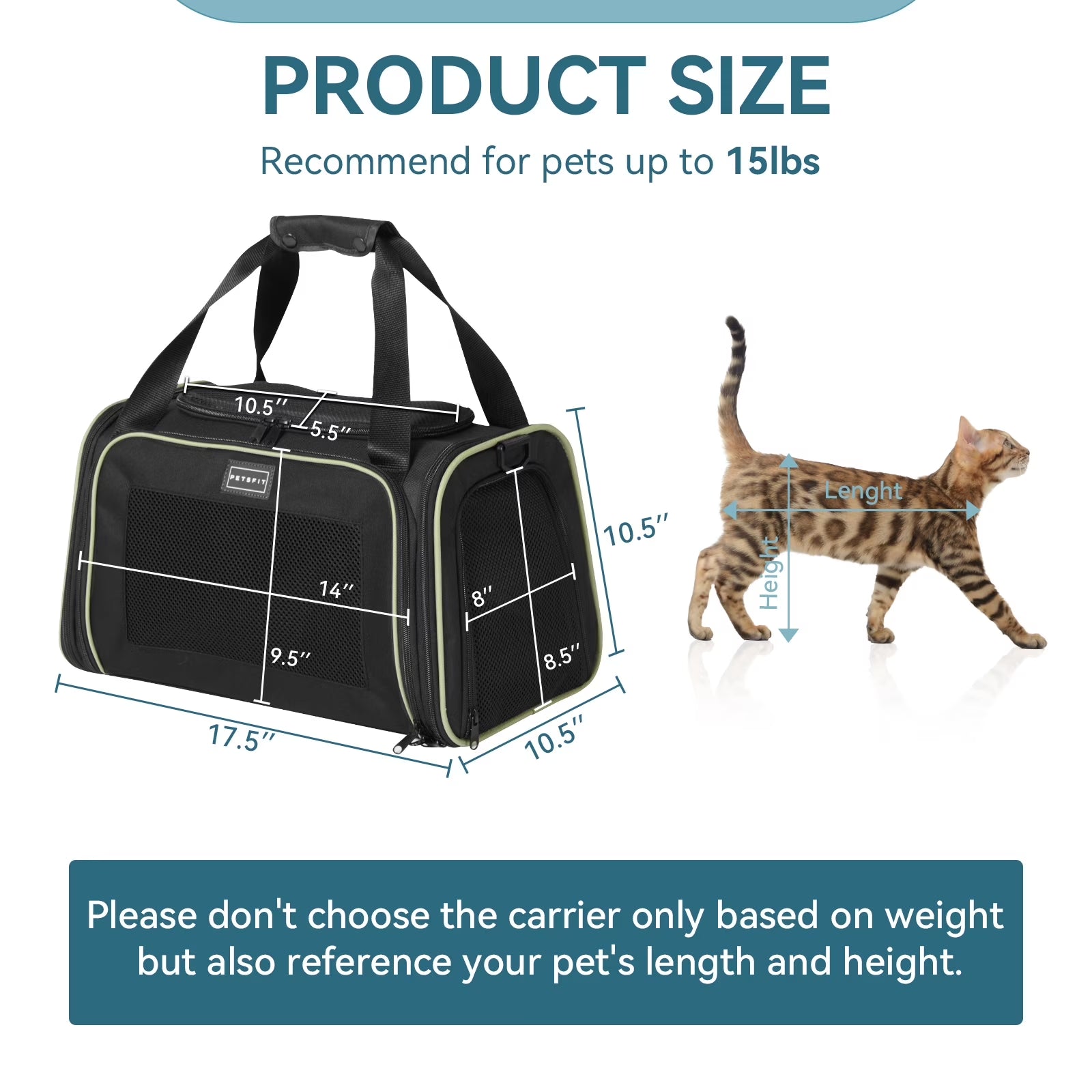 17In Cat Carrier, Pet Carrier Airline Approved with Extendable Mat, TSA Approved Pet Carrier,Under 20 Lbs, Black