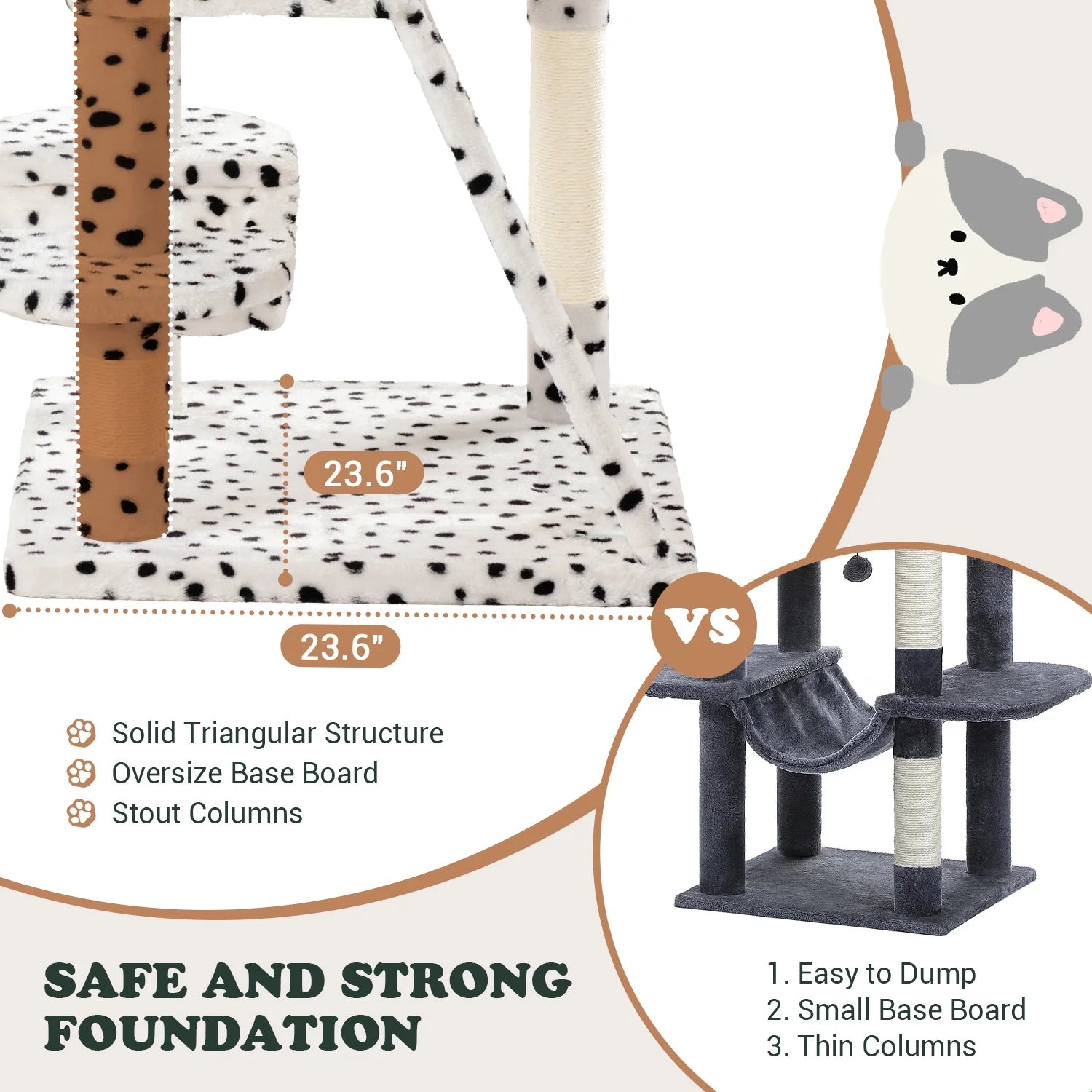 65.7" Large Cat Tree and Tower Condo for Indoor Cats with 2 Scratching Boards, Hammock & Post, White & Black Spot