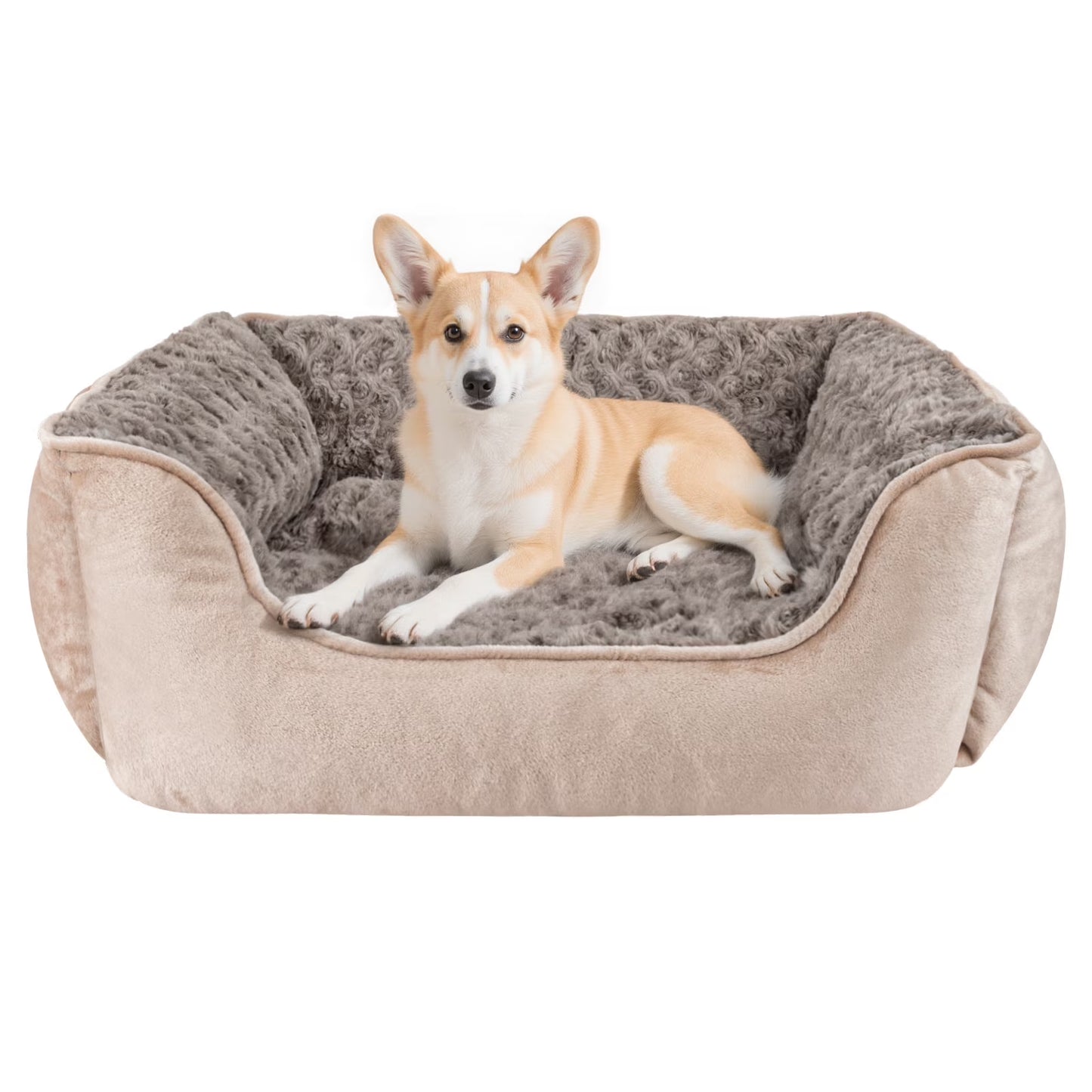 Rectangle Dog Bed for Large Medium Small Dogs, Soft Breathable Puppy & Pet Cuddler with Washable Orthopedic Sofa Bed, Durable Calming Dog Bed with Anti-Slip Bottom, Beige, 30"X24"X9"