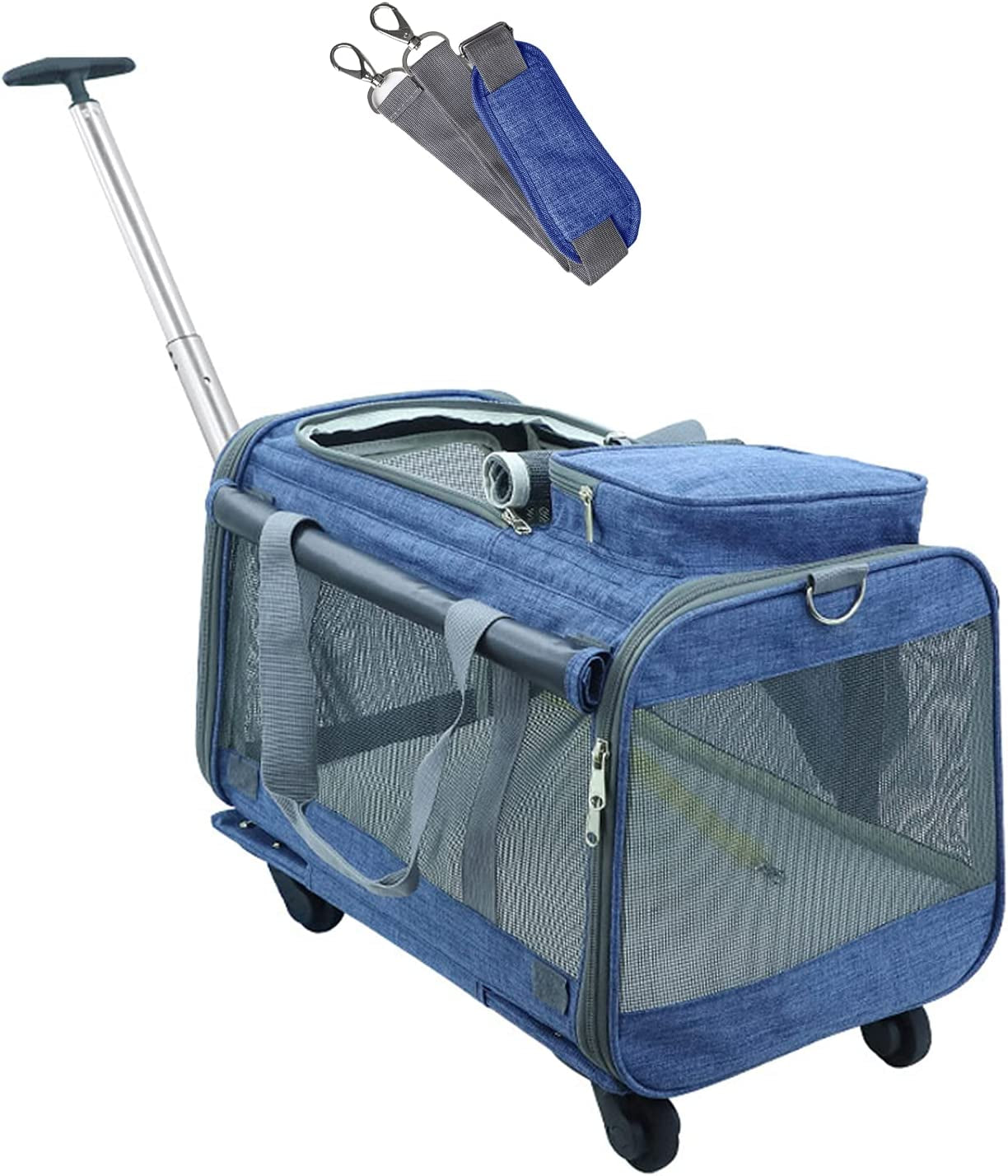 Cat Wheel Carrier, Dog Carrier with Durable Mesh Panels, Pet Carrier with Telescopic Walking Handle,Easy to Fold (Blue, without Storage Bag)