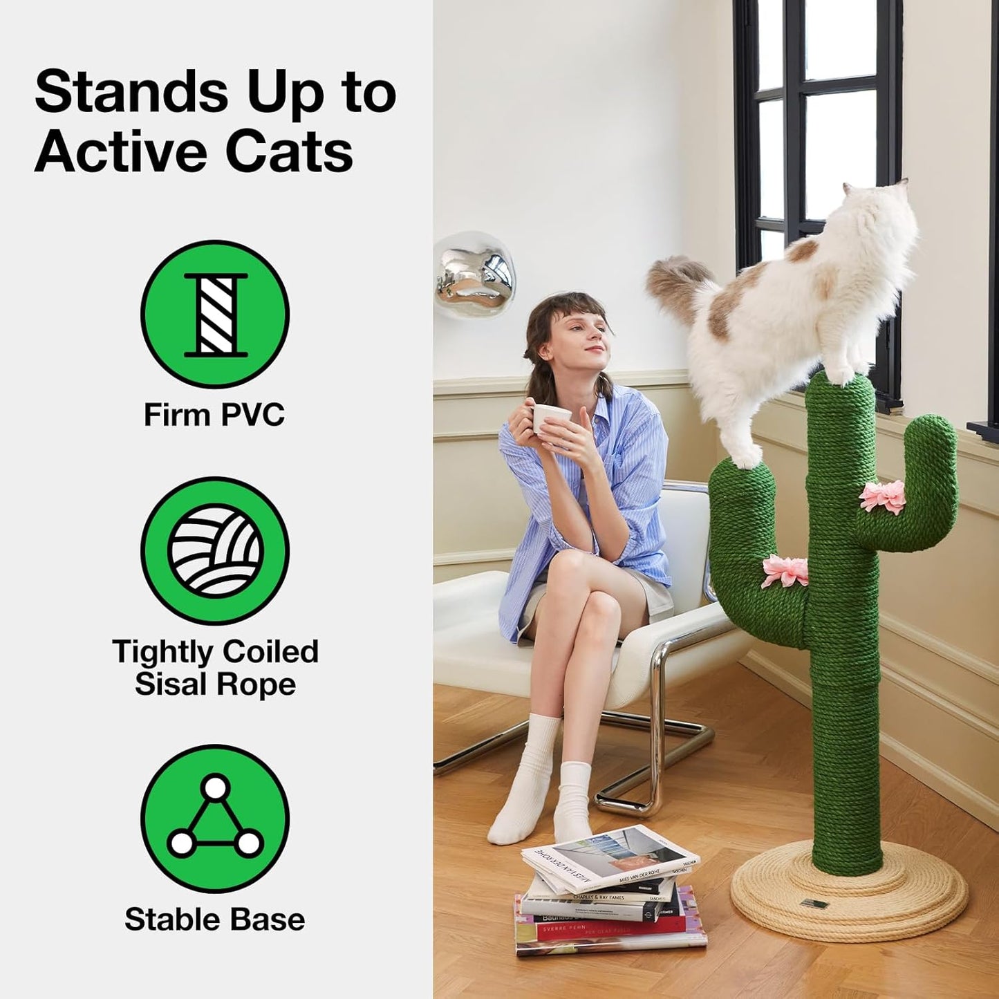 Cat Scratching Post, Cactus Scratch Posts for Indoor Adult Cats Kittens, 41.3 Inches Large Jute Cat Scratcher, Extra Large Cat Scratcher, Durable Cat Scratch Tree for Active Cats