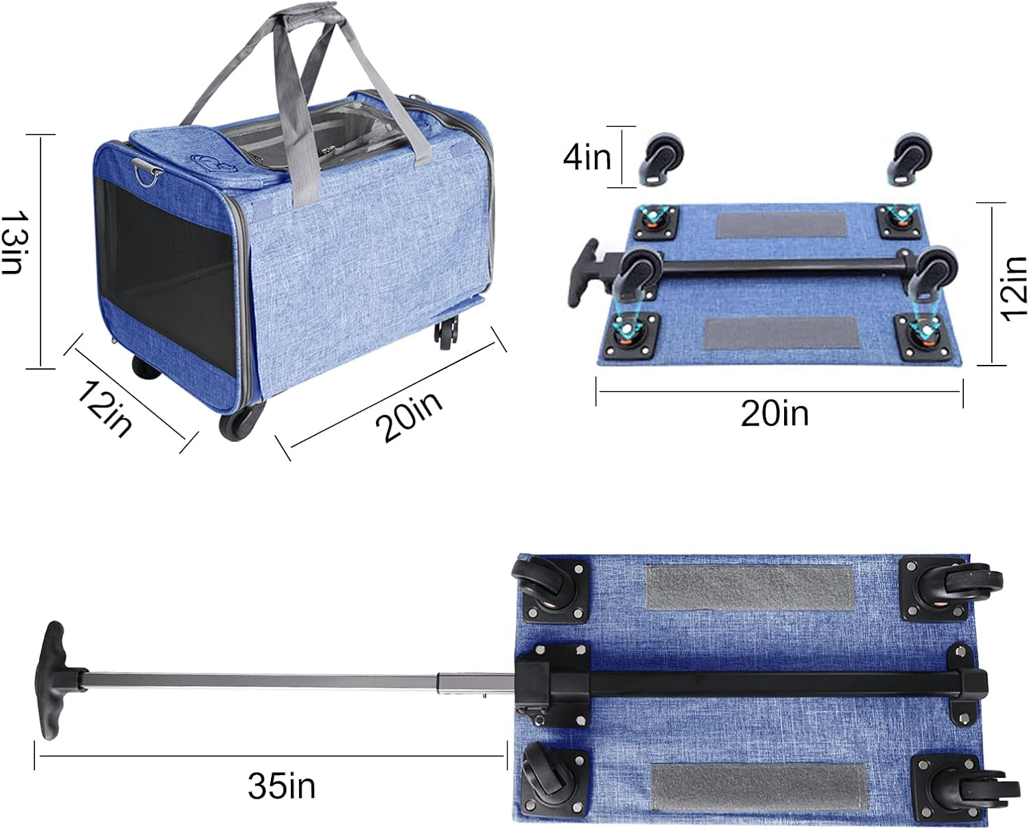 Cat Wheel Carrier, Dog Carrier with Durable Mesh Panels, Pet Carrier with Telescopic Walking Handle,Easy to Fold (Blue, without Storage Bag)