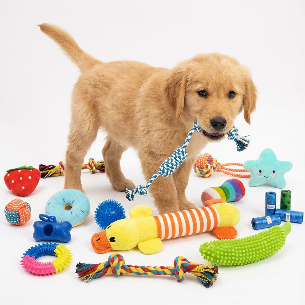 Dog Toys 23 Pack for Fun and Teeth Cleaning, Puppy Chew Toys Pack with Squeak Plush Toy,Squeaky Toy Balls,Tug of War and Rope Toys for Puppy to Small Dogs